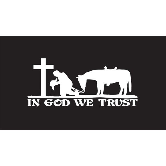 In God We Trust Cross Praying Cowboy & Horse Surface Die Cut Vinyl Decal Sticker - Picture 1 of 3